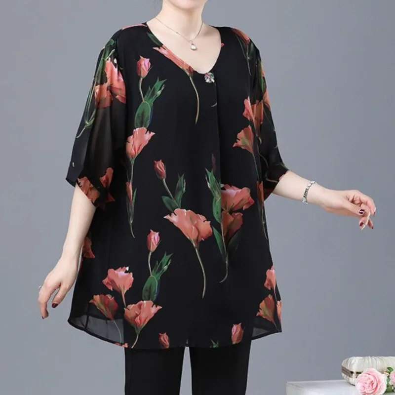 Temperament Mid Sleeved Printed V-neck Summer Women\'s Fashion Versatile Loose Fitting Mid Length Pullover Chiffon Shirt Tops