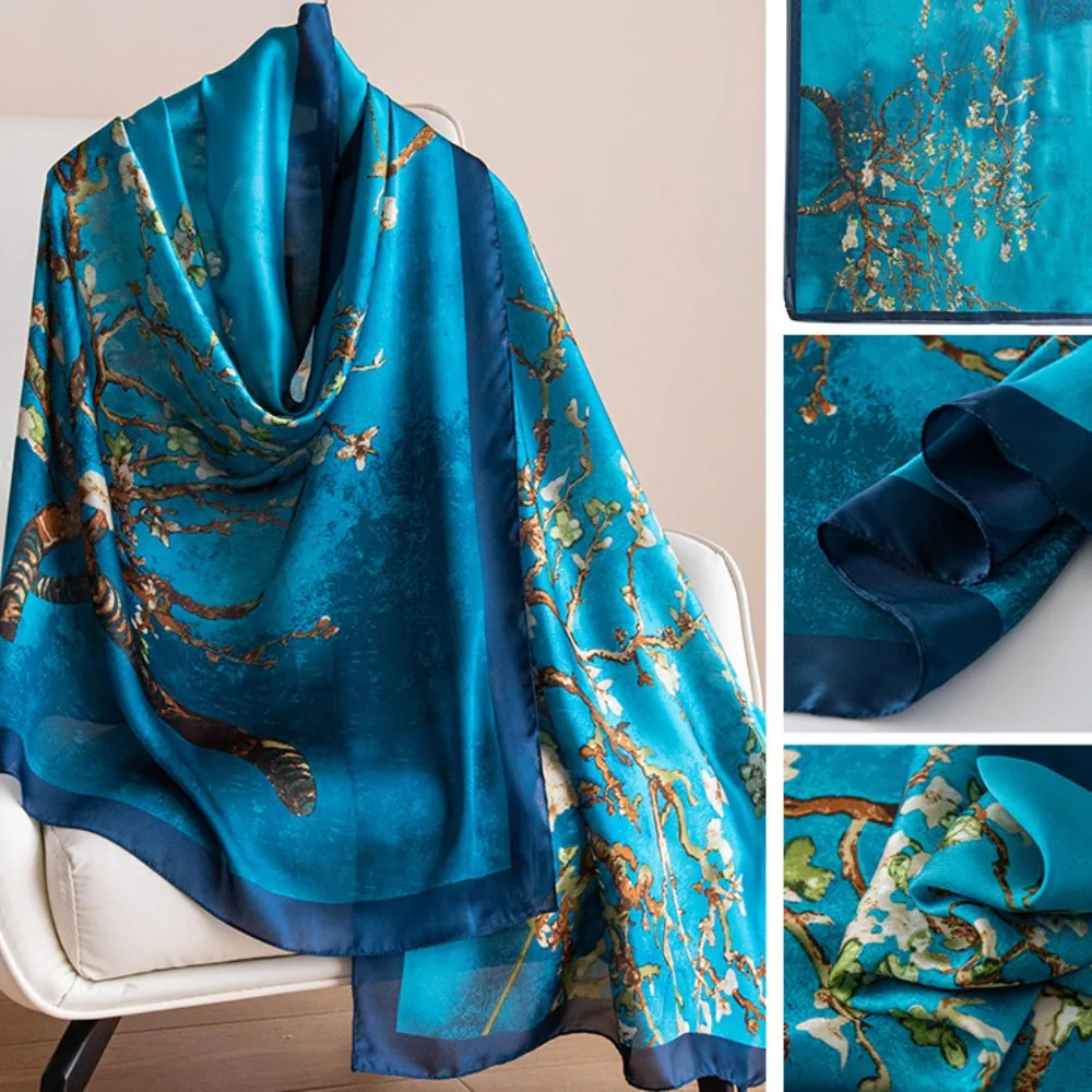 

Headkerchief Korean Luxury Silk Scarf Elegant Lotus Pattern Chiffon Shawl Wrap Printing Soft Women Hijab Shawls Beach