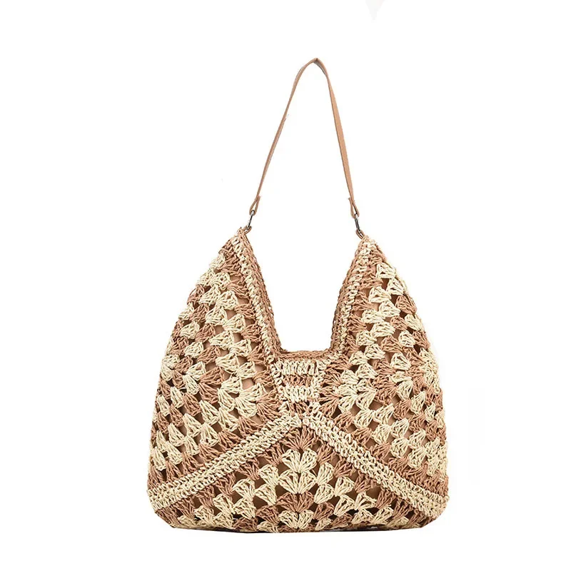 Commuter Large-capacity Straw Shoulder Bag Women's 2024 New Popular Knitted Hollow Handbag Fashion Shoulder Bucket Bag