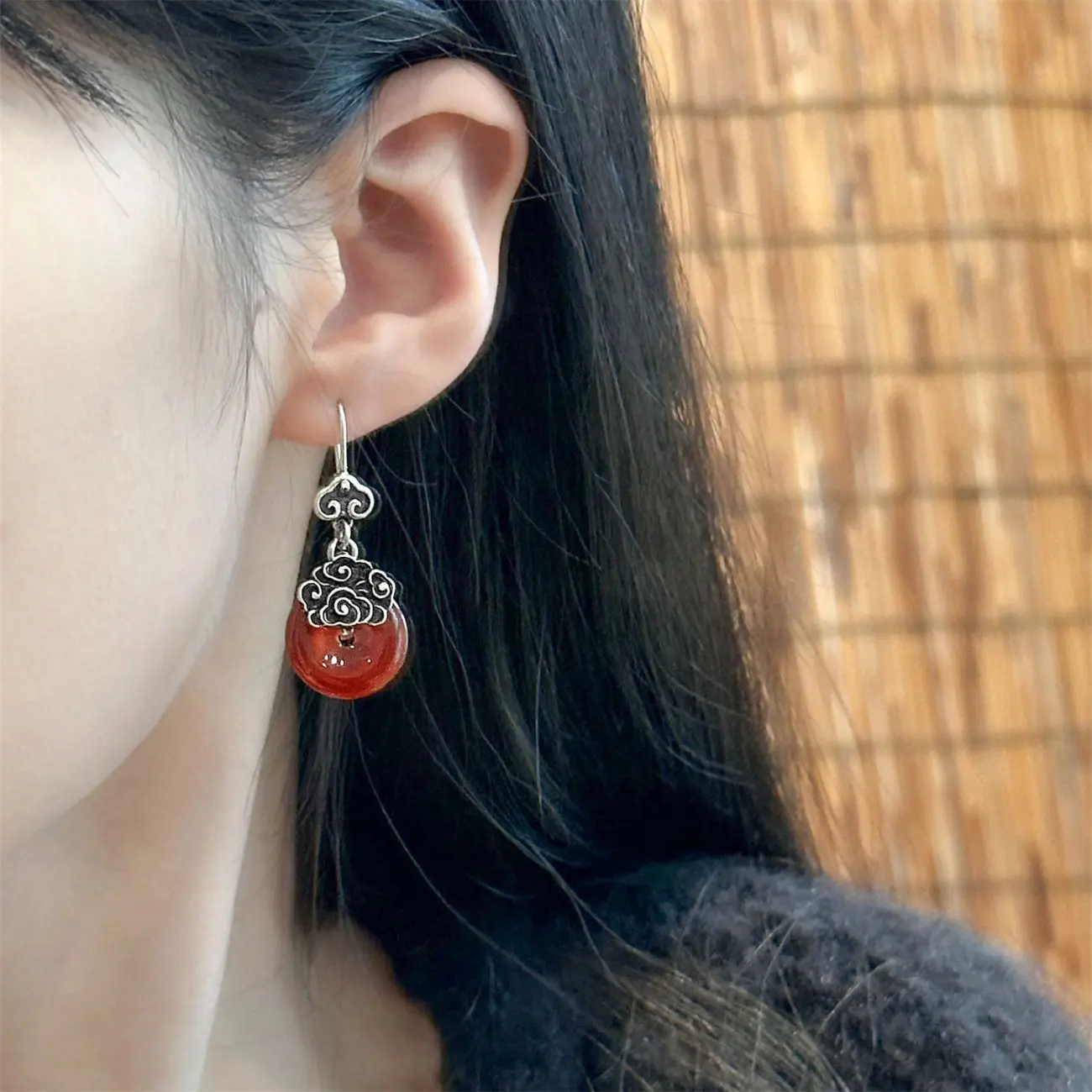silver 925 southern red tourmaline round earrings for women Embossed auspicious clouds earring ethnic style banquet jewelry