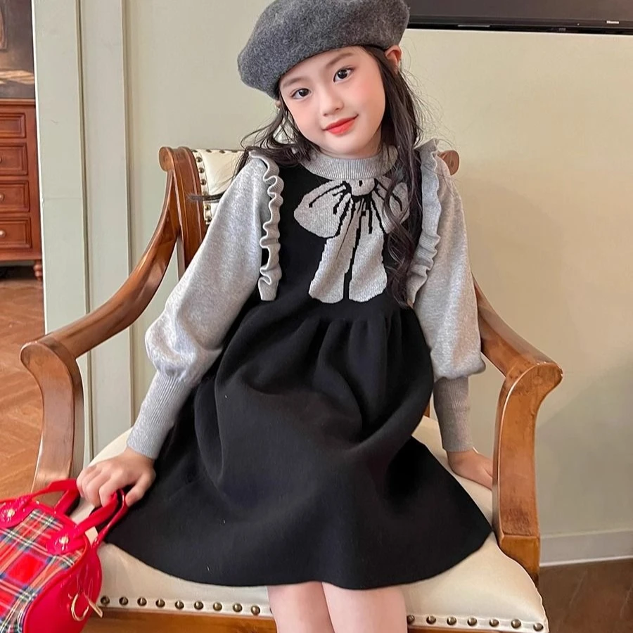 

2025 Autumn Winter New Korean Style Knit Dress for Girls Noble Princess Artistic Bow Design Warmth Elegance