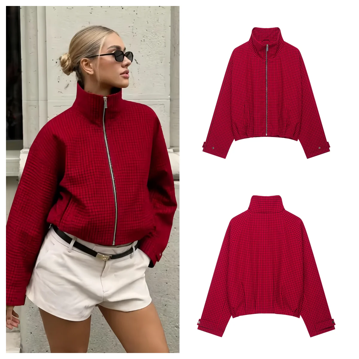 Guobioziy Women's Fashion Plaid Aviator Jacket Retro Street Stand Collar Jacket 2026 Autumn Trendy Elegant Casual Coat