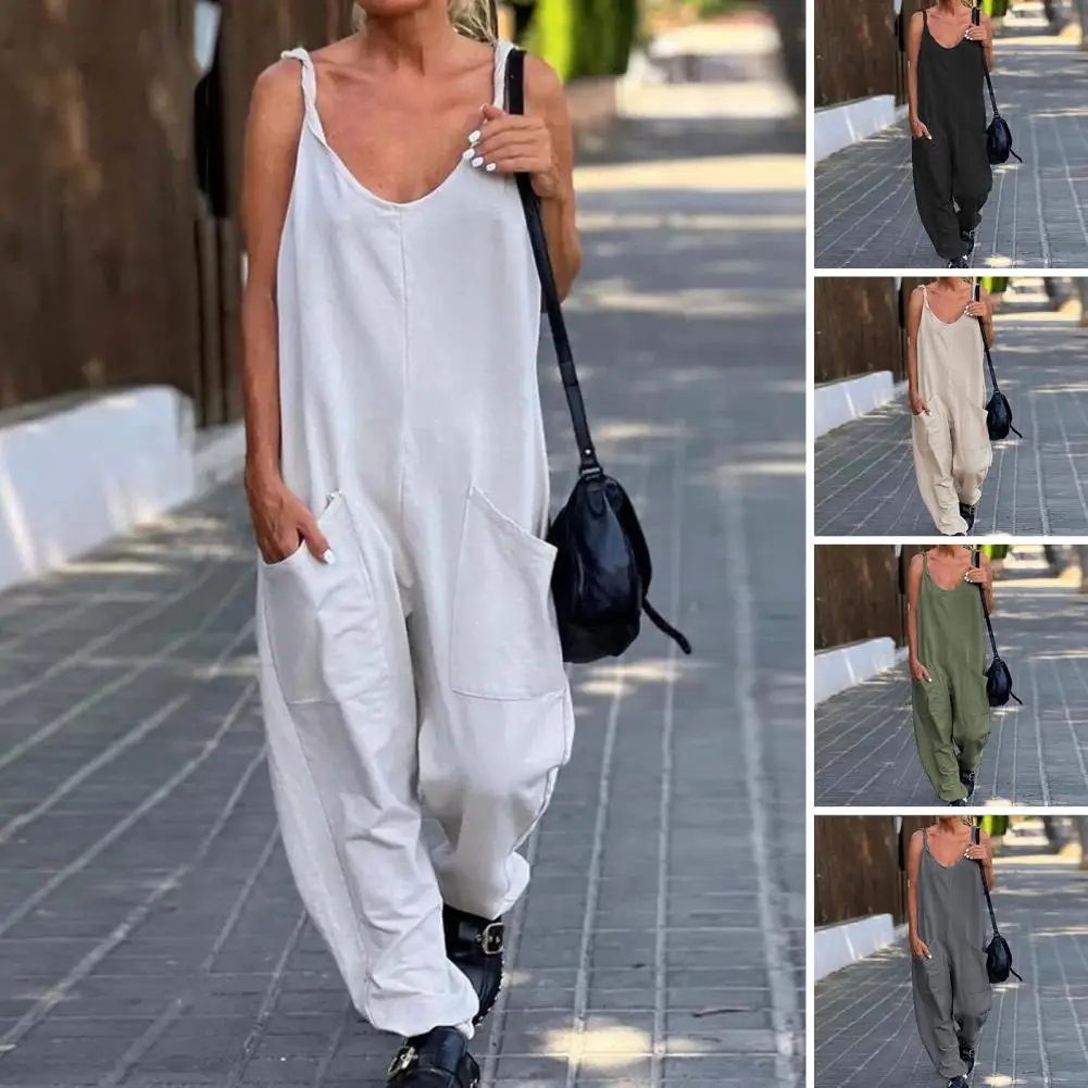 Women Summer Jumpsuit Loose Wide Leg Solid Color V Neck Low-cut Daily Wear Pockets Backless Plus Size Women Overall Lady Clothin