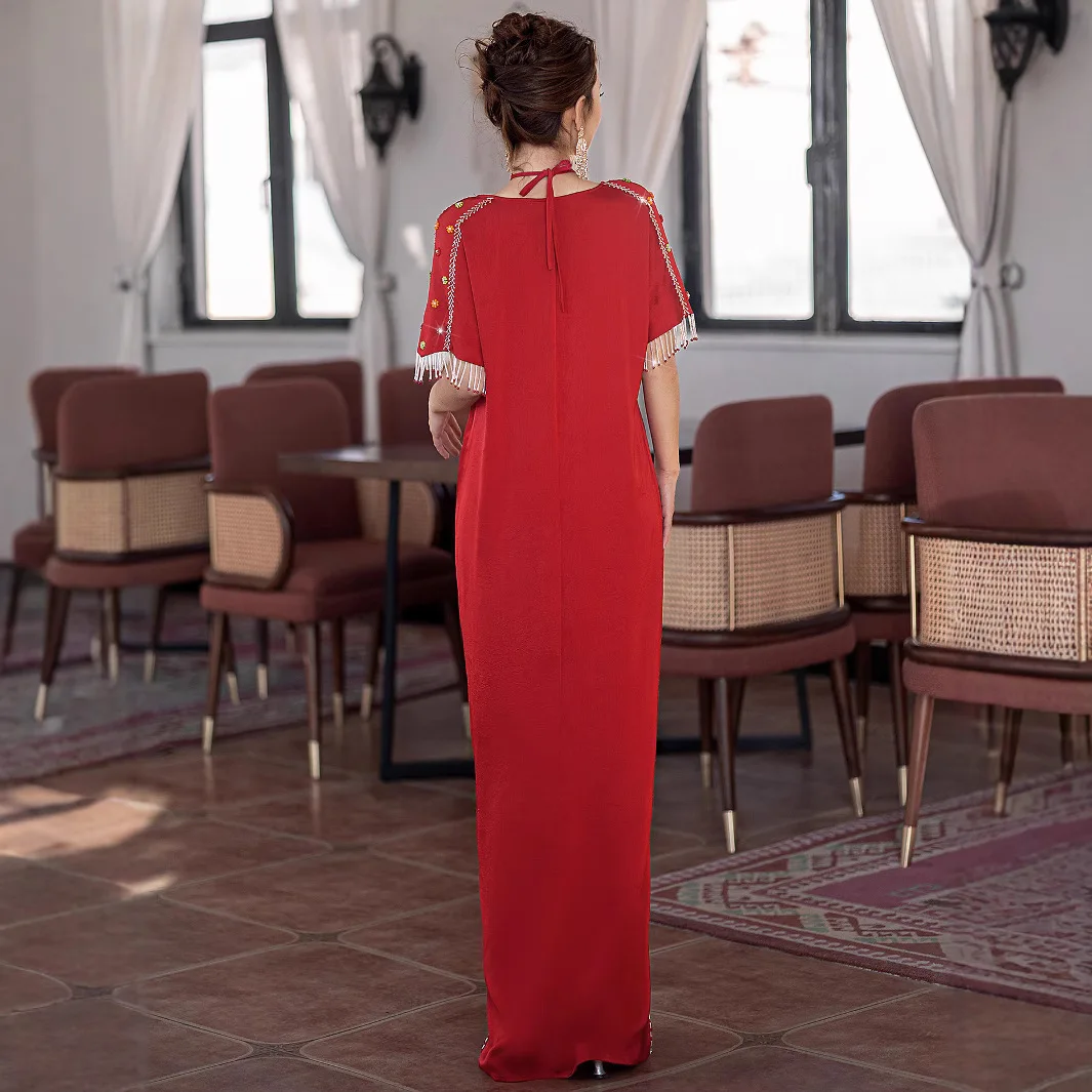 Ba5182 Rote Robe Handgemachte Stickerei Quaste Mode Neckholder Split Saum Kleid Robe Abaya Ramadan Dubai Luxus Islam Elegant