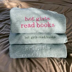 Heiße Mädchen lesen Bücher Buchstaben bestickt grau Rundhals ausschnitt Pullover Frauen Herbst Langarm lose Baumwolle dicke Fleece Sweatshirts