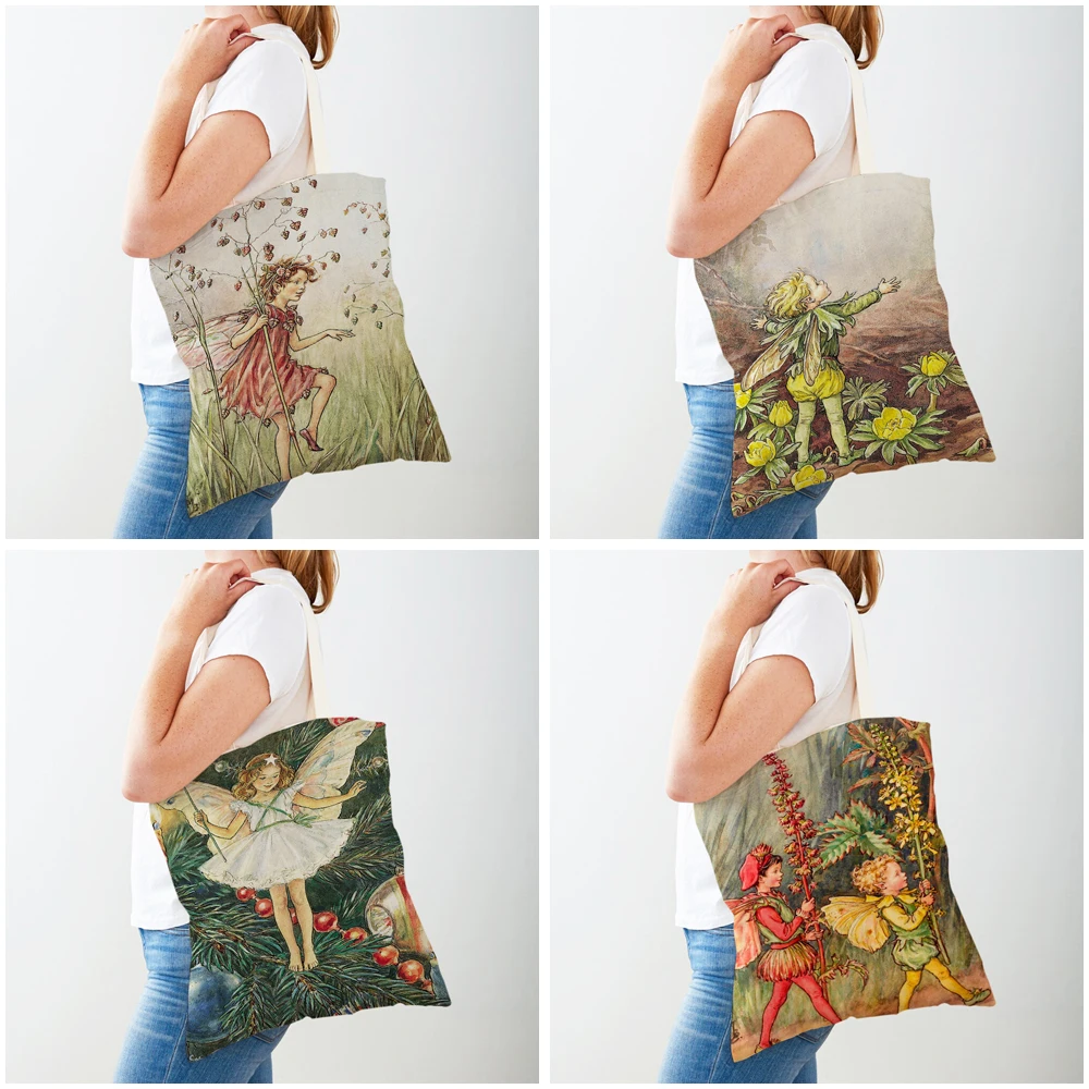 Both Print Cartoon Flower Girl Shopping Bag for Women Child Shopper Bag Casual Fairy Tale World Elves Canvas Shoulder Handbag