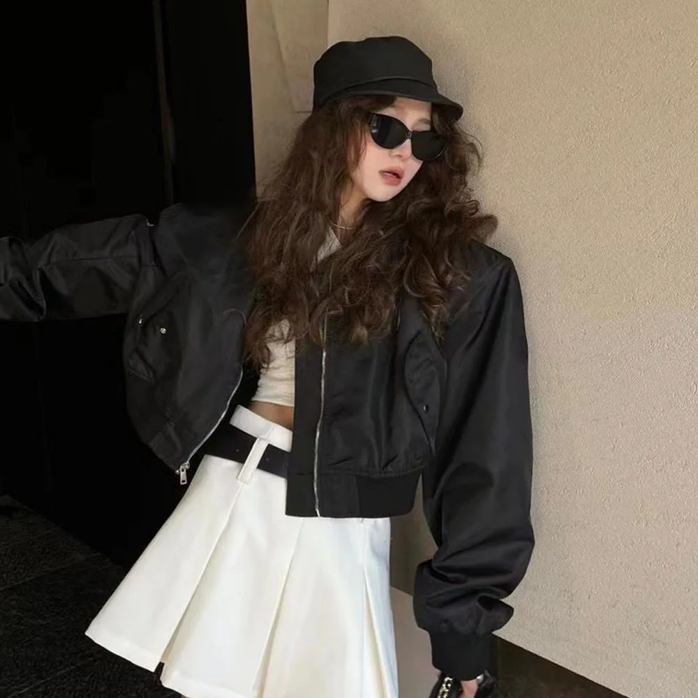 Korean Style Vintage Cropped Bomber Jackets For Women\'s Streetwear Short Coat Oversize Harajuku Fashion Zipper Aesthetic Outwear