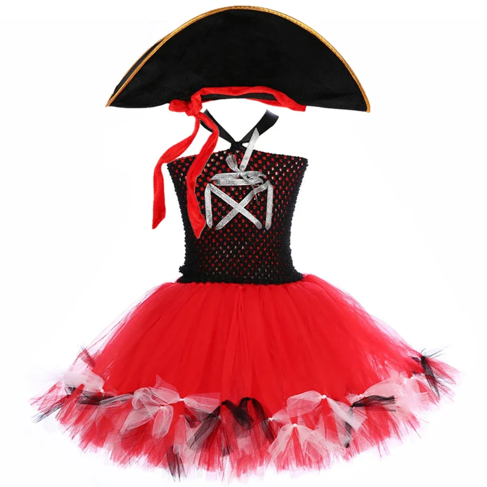 Pirate Costume for Kids Halloween Carnival Party Tulle Dresses Black Red Toddler Girls Fancy Pirates Captain Tutu Dress with Hat