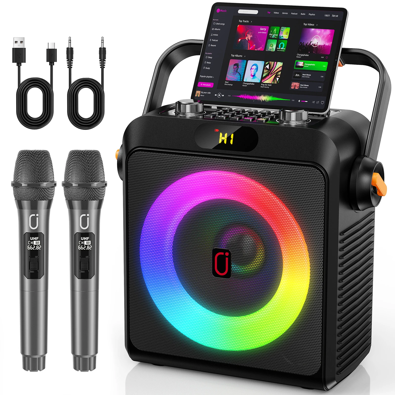 Karaoke-Maschine mit 2 kabellosen Mikrofonen, tragbarer Bluetooth 5.3 Karaoke-Lautsprecher mit 6,5-Zoll-Subwoofer, verbessertem Bass & Echo, PA-System für Hauspartys, unterstützt AUX, USB, TF-Karte,