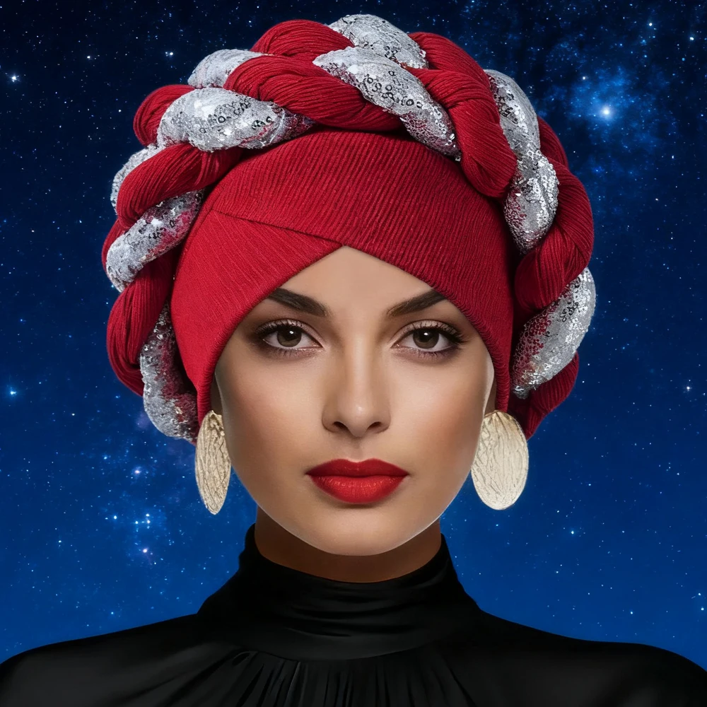 

Женский тюрбан, женский африканский головной убор с автогелем, Нигерия, свадебная вечеринка, капот с гелесом, мусульманский хиджаб, косы, повязка на голову с блестками