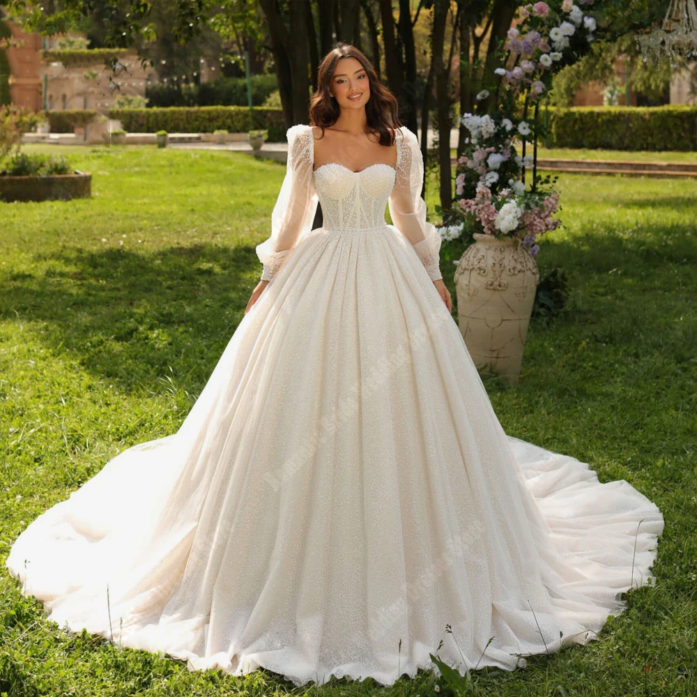 Requintado linha a vestidos de casamento feminino elegante renda brilho lantejoulas vestidos de noiva esfregando comprimento bola vestidos de novia personalizado