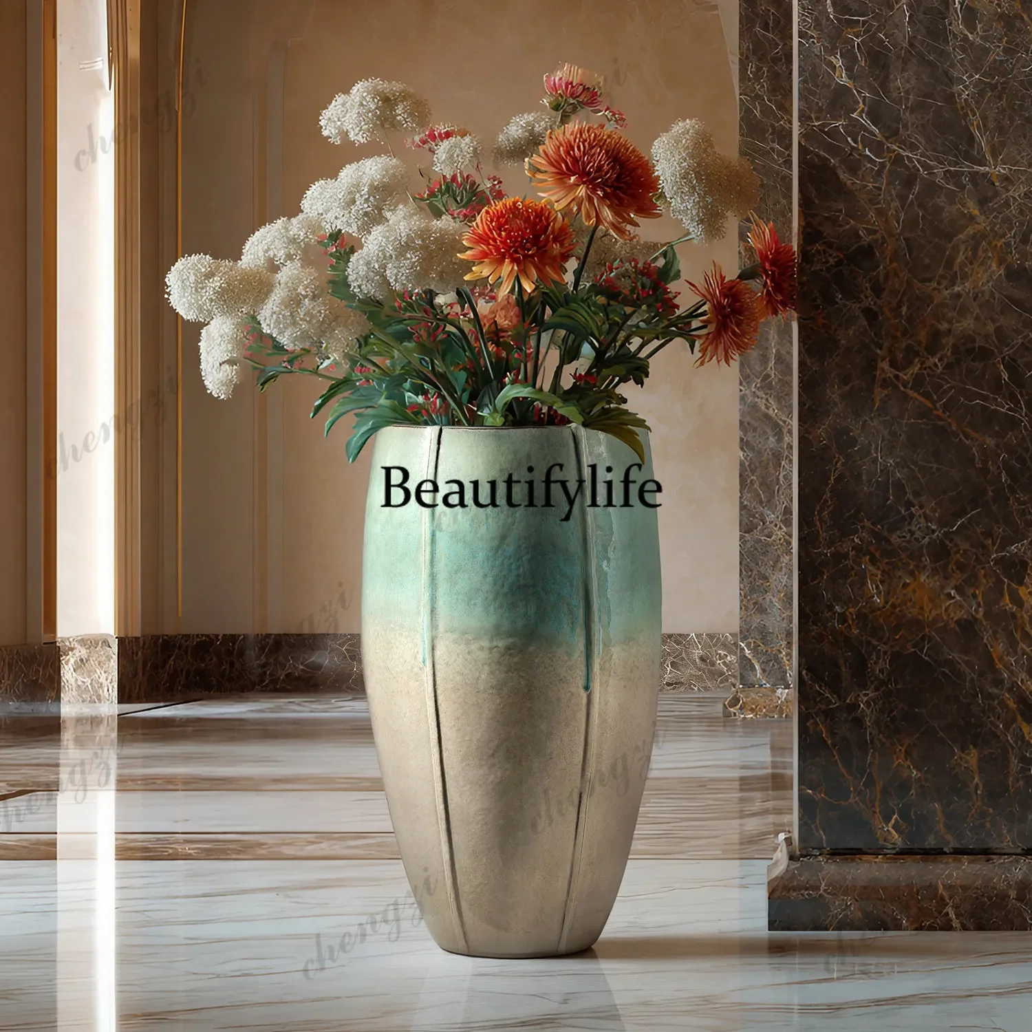C178 Light luxury vertical pattern floor-to-ceiling large vase ceramic high living room flower arrangement hotel lobby ornament