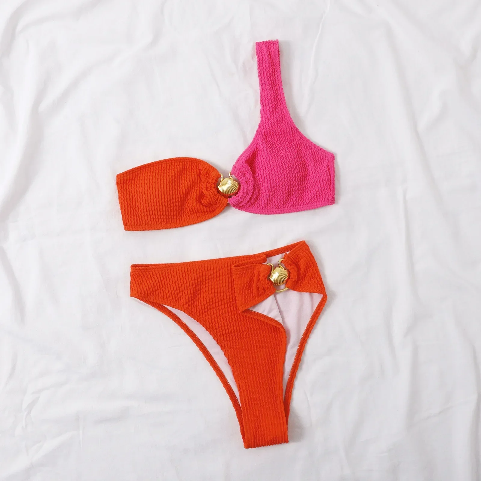 Bloc couleur Bikini femmes 2025 nouveau Sexy une épaule à volants jarretelle dos nu 2 pièces maillot de bain taille haute maillot de bain XJYY66