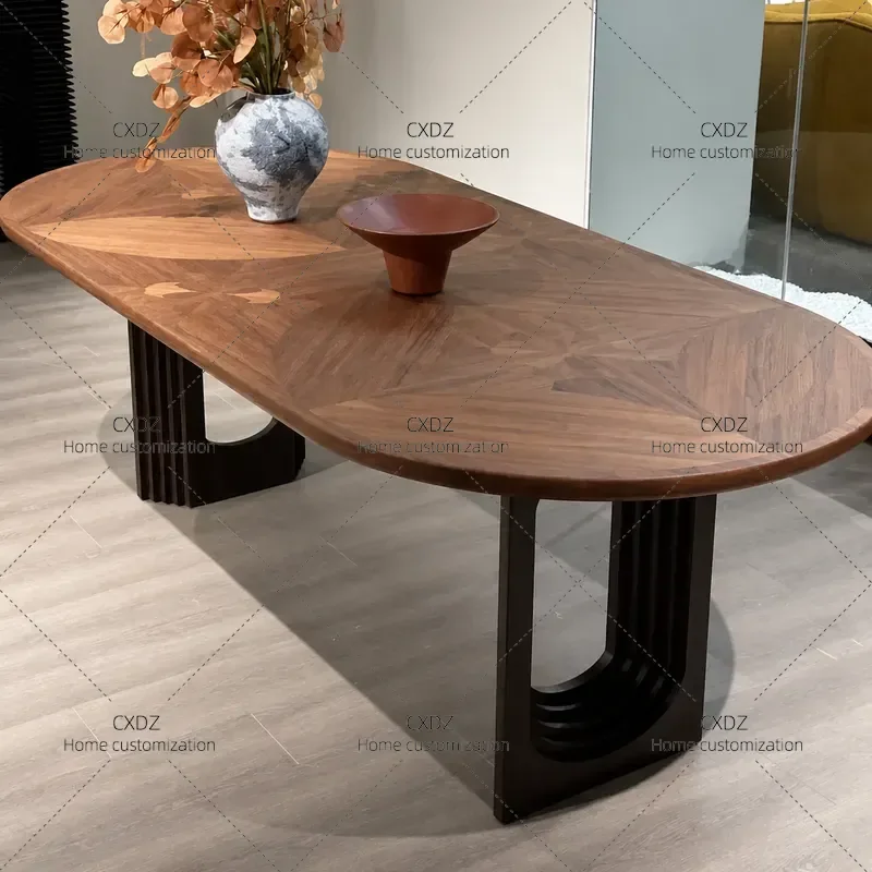 Retro North American Ash Wood Dining Table Set Pure Solid Wood Smoky Color Medieval Style Creative High End Negotiation Table