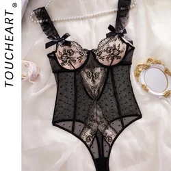 Toucheart Sexy Mesh See-Through Lingerie For Women Tempting Hot Lace Embroidery Splicing Bow Knot Polka Dots Mesh Sling Jumpsuit