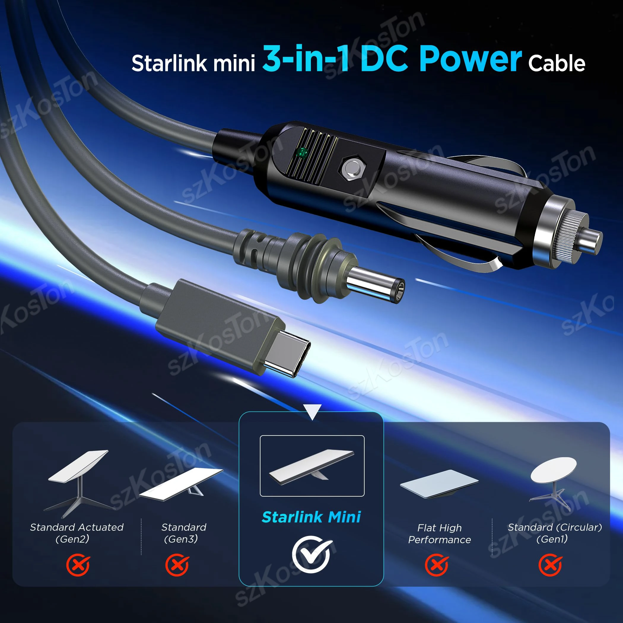 3-in-1 Power Cable for Starlink Mini High-Speed USB-C Car Charger DC to DC 18AWG Waterproof Replacement Cable 9.84FT/16.4FT