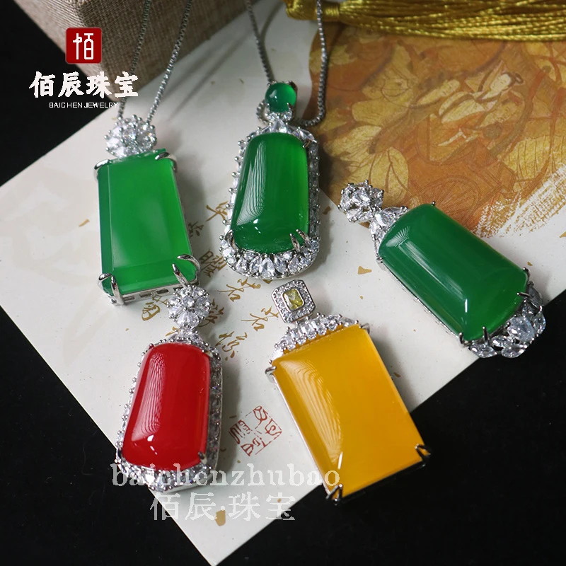 Ice green chalcedony "No Worries" pendant inlaid with imperial green jade agate, square peace amulet necklace