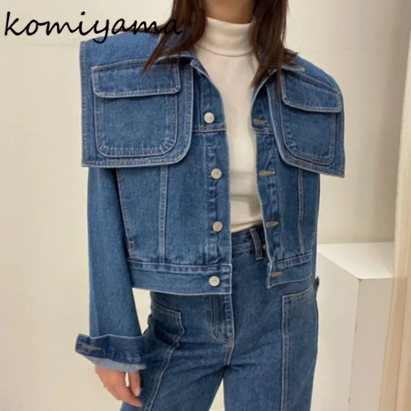 Laple Neck Capes Pockets Outerwears Long Sleeve Denim Chaquetas Mujer Women 2025 Jacket Loose Casual Ropa Autumn Winter Casaco