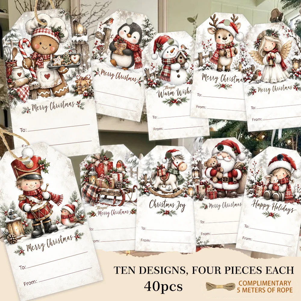 40pcs, Gift Tags, Vintage Christmas Writing Set, Hanging Paper Labels for Gift Wrapping, Holiday Party Decor with String