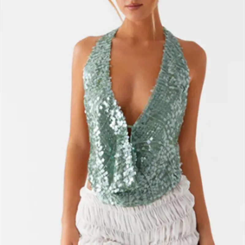 Top halter de lantejoulas para mulheres sexy sem mangas decote em V profundo sem costas glitter regata noite fora festa rave roupas