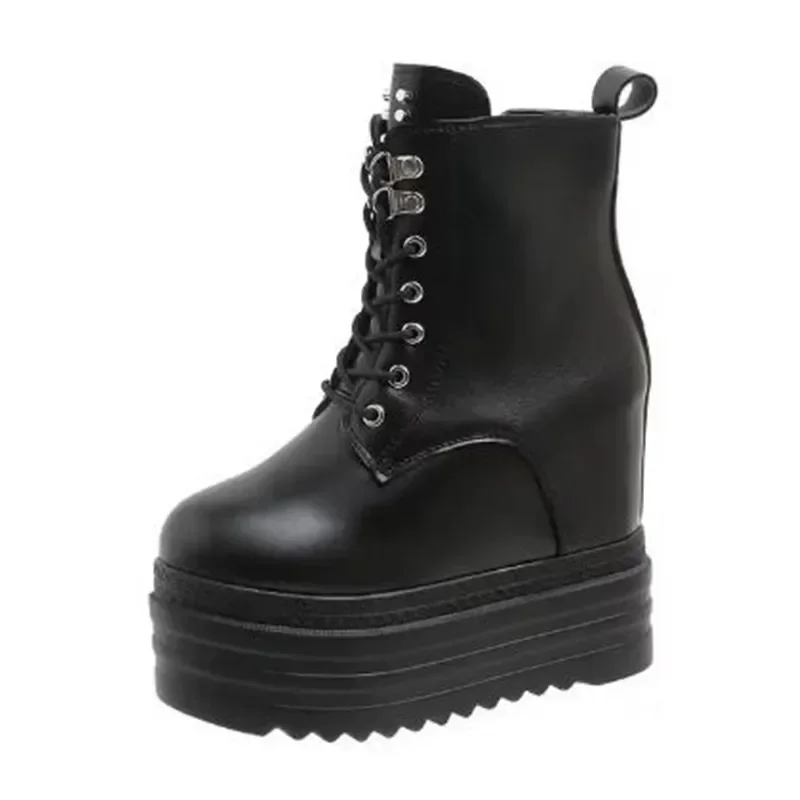Luxury Brand Punk Style Women 12CM Platform Wedges Boots Autumn Soft Leather Metal Rivet Female Lace Up High Heel Gothic Shoes