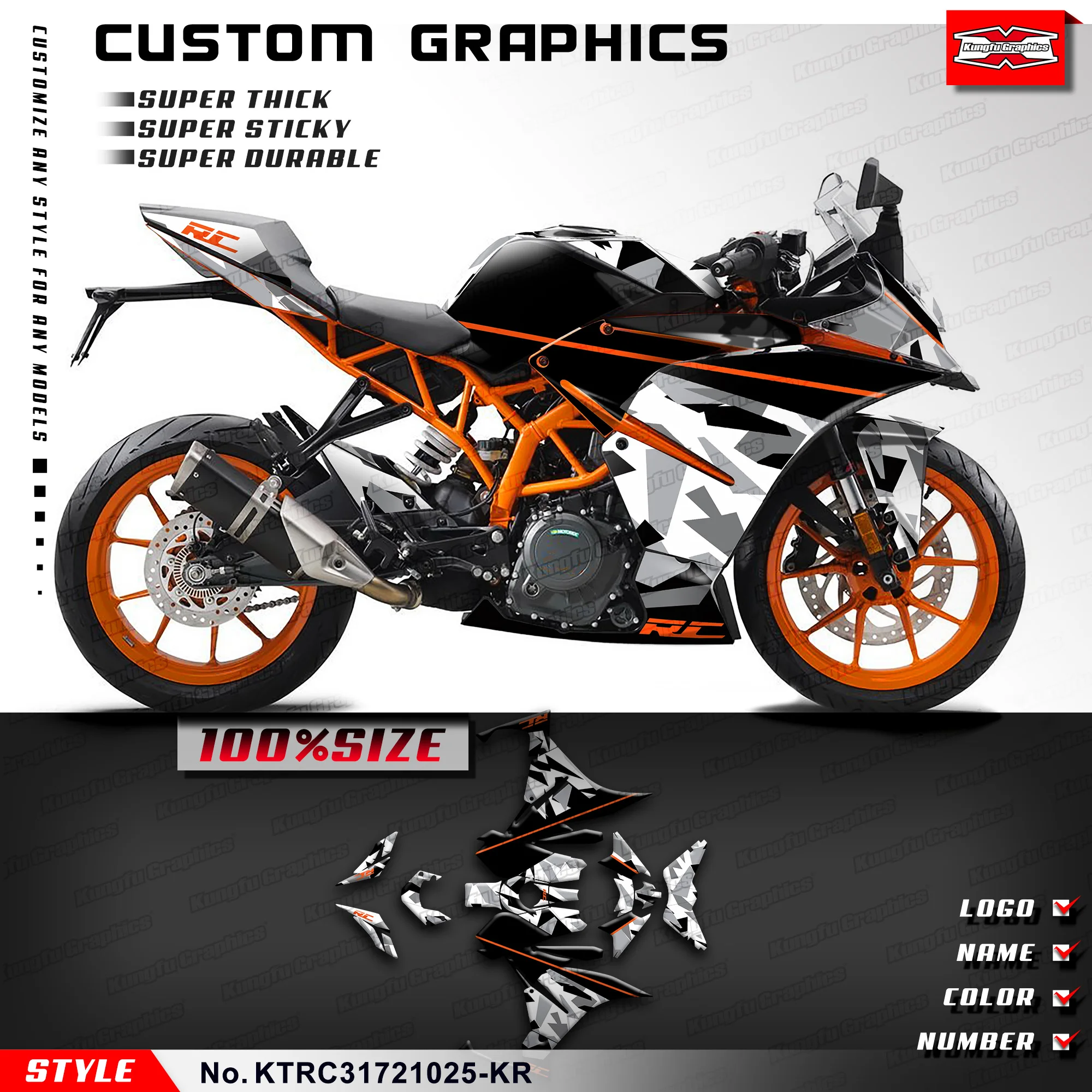 KUNGFU GRAPHICS Graphics Wrap Sticker for KTM RC 125 200 250 390 2017 2018 2019 2020 2021 2022 2023 2024, KTRC31721025-KR