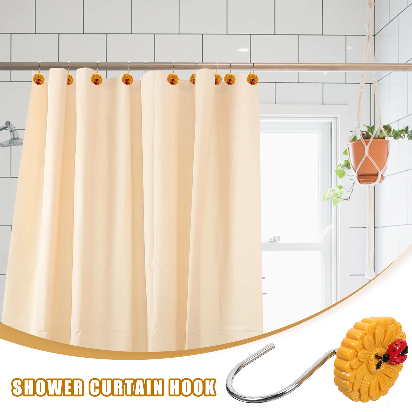 

12Pcs Ladybird Sunflower Shower Curtain Hooks Decorative Curtain Hangers for Bathroom Bedroom Window Drapes Household Use