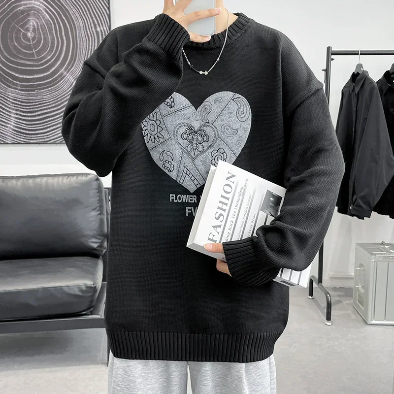 Korean Heart Embroidery Pullover Sweater Men Autumn Streetwear Casual Loose Knitted Sweater Fashion Men Warm Sweatshirt Jumper