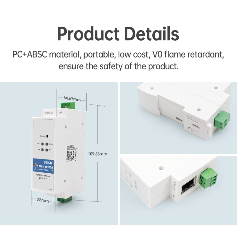USR-DR302 DIN-RAIL Modbus RTU Ethernet a RS485 Convertidor compatible con Modbus Polling Modbus Gateway