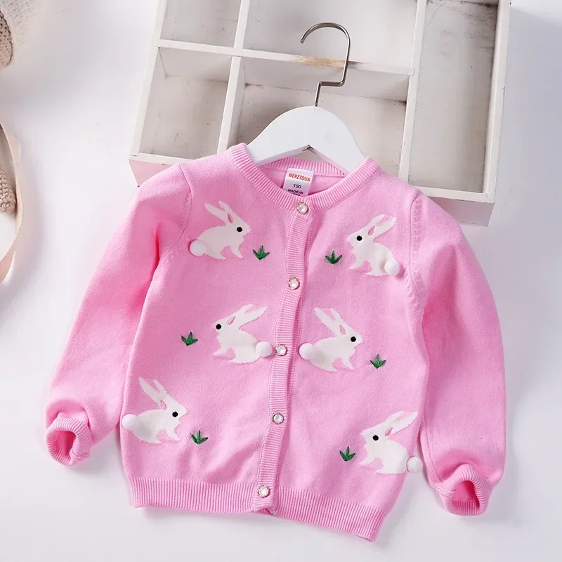 Girls Cardigan Sweater Autumn 2024 O-Neck Infants Children Cotton Knitwear Cartoon Rabbit Baby Kids Coat Toddler Clothes 2-7y