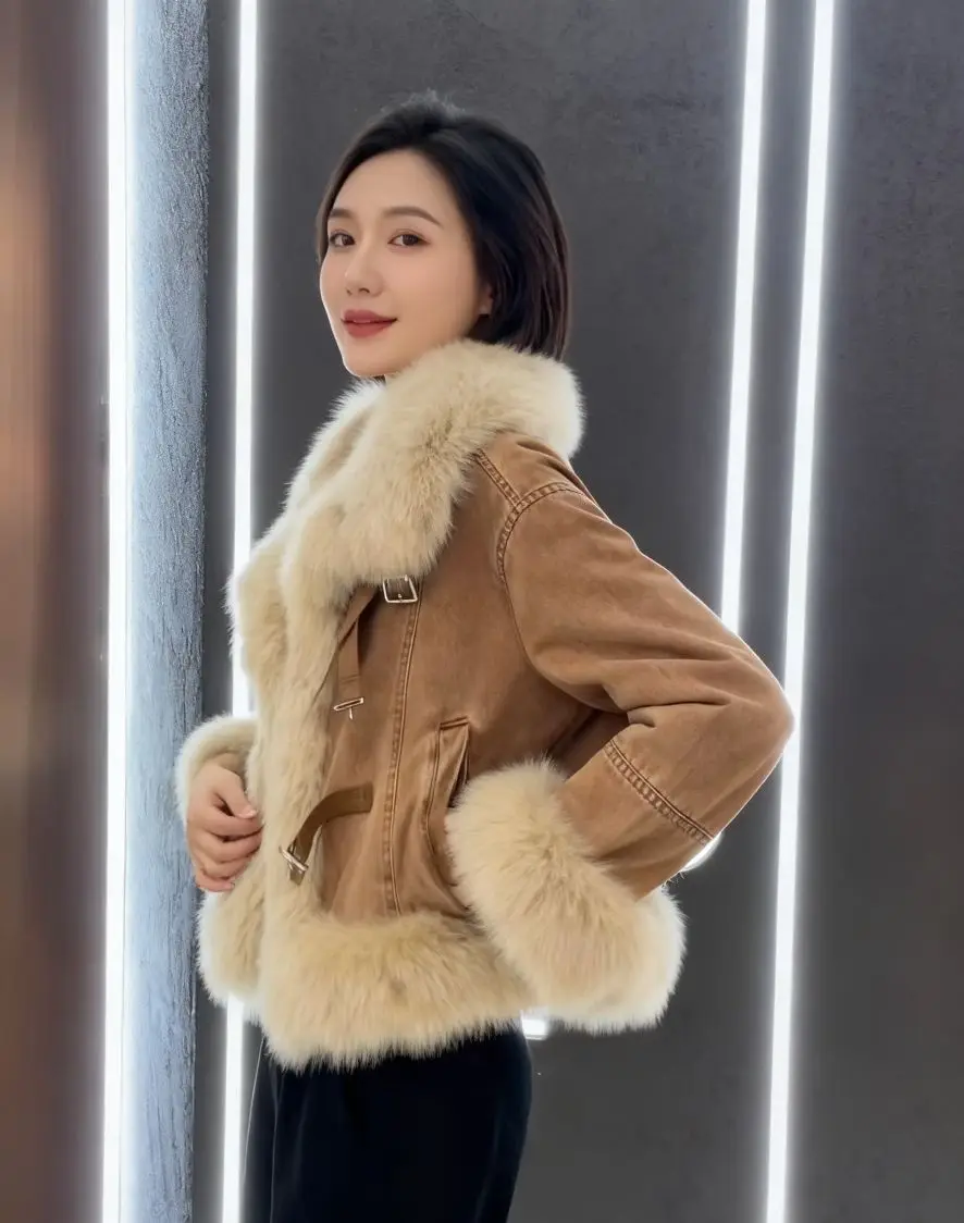 데님 코트 여성 오버사이즈 퍼 플러시 여성 가을 박시 컷 미니멀리스트 스트리트 트렌드 어반 오피스 패치워크 코듀로이 스탠드넥 OL