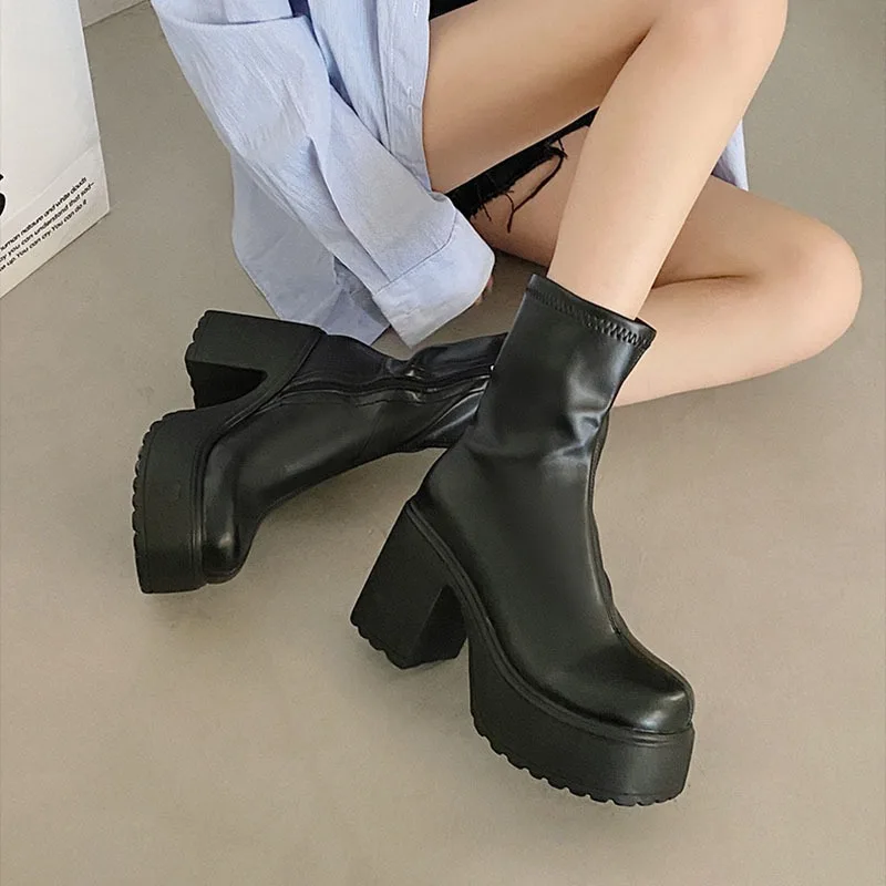 New Chunky Platform Ankle Boots Women Vintage Big Toe High Heels Short Boots Woman Zipper Thick Heel Pu Leather Botas De Mujer