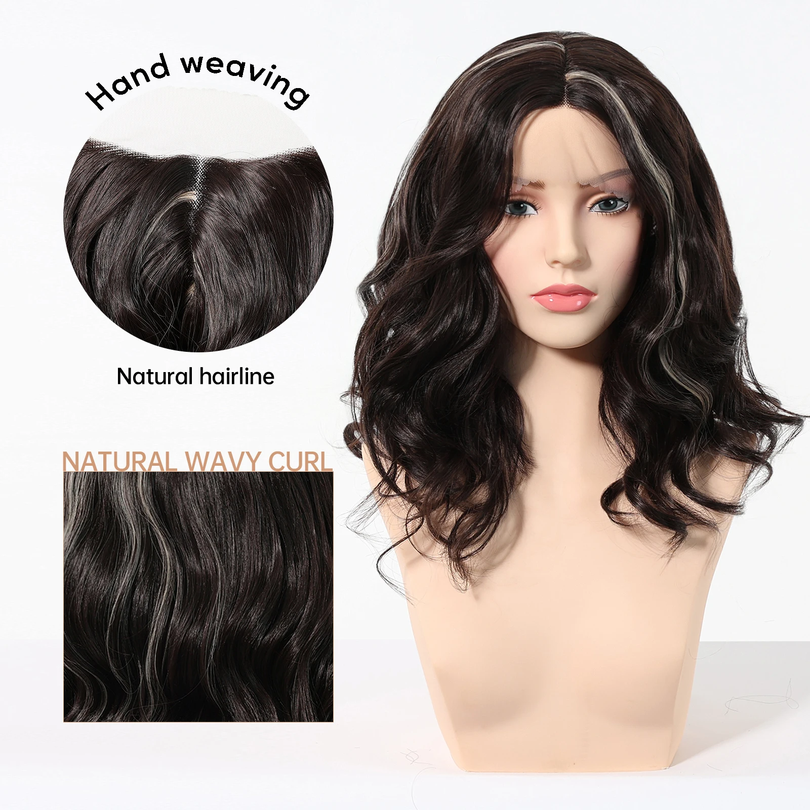 Black Brown Mixed Blonde Highlight Synthetic Wigs for Women Medium Length Wavy Wigs 13*1 T Part Lace Front Wigs Natural Hair Wig
