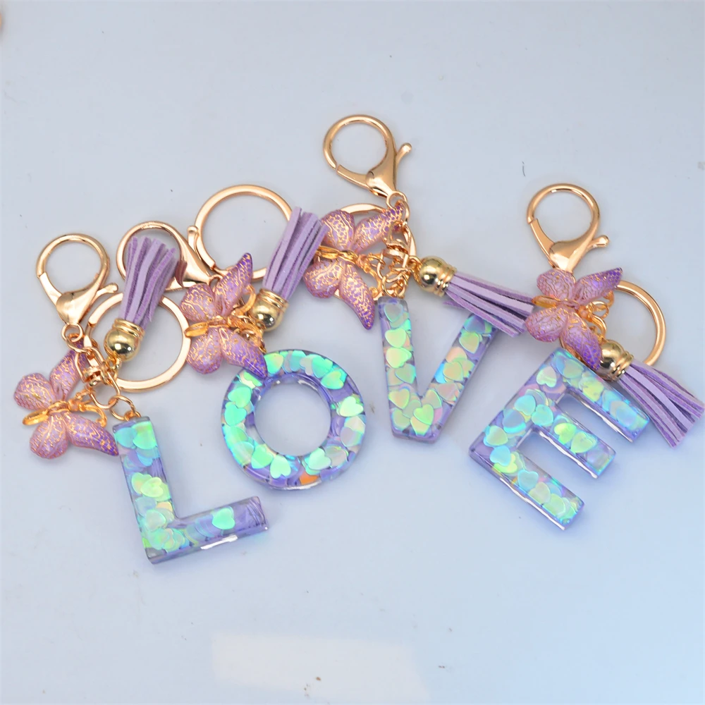 Purple Sequin 26 Letter Keychain Glitter Resin Butterfly Initial Keyring for Women Purse Bag Charm Car Ornament Christmas Gift