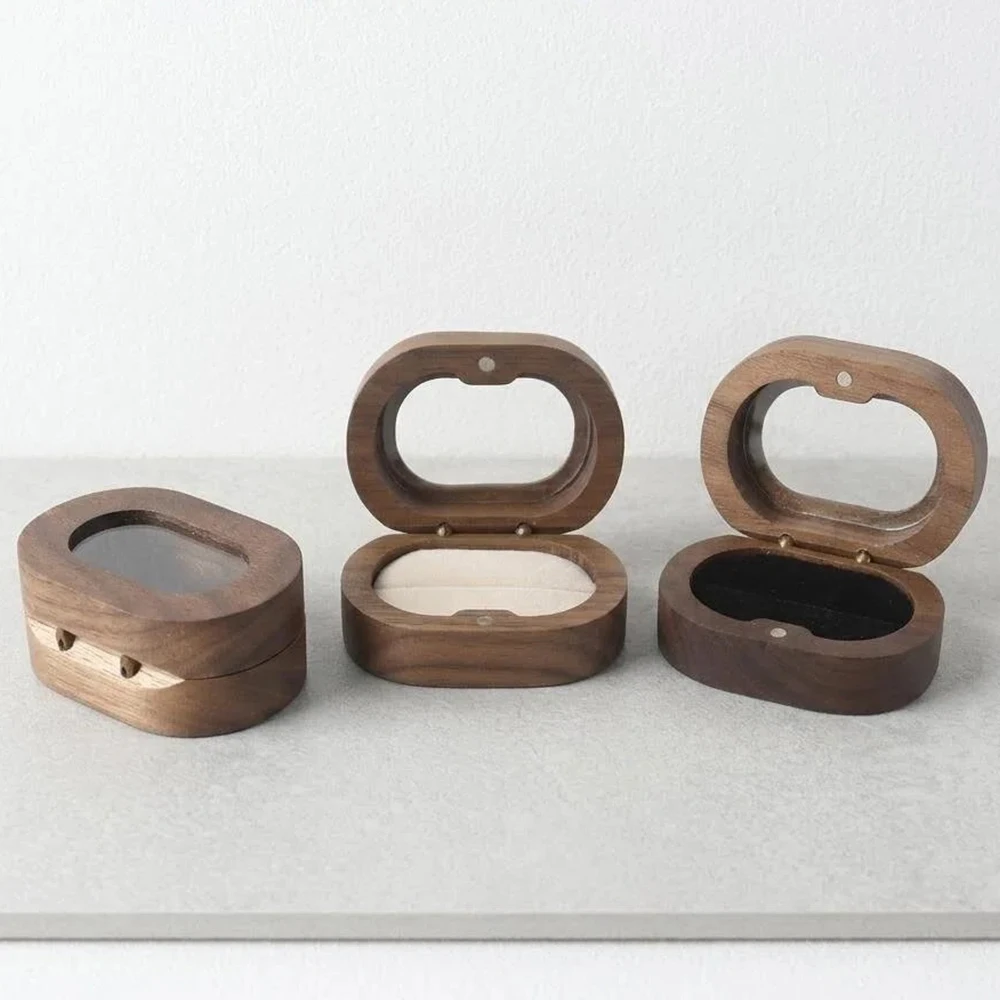 

Wooden Transparent Engagement Ring Box Woman Portable Flip Cover Ear Stud Storage Box Wedding Band Jewelry Retro Packaging Box