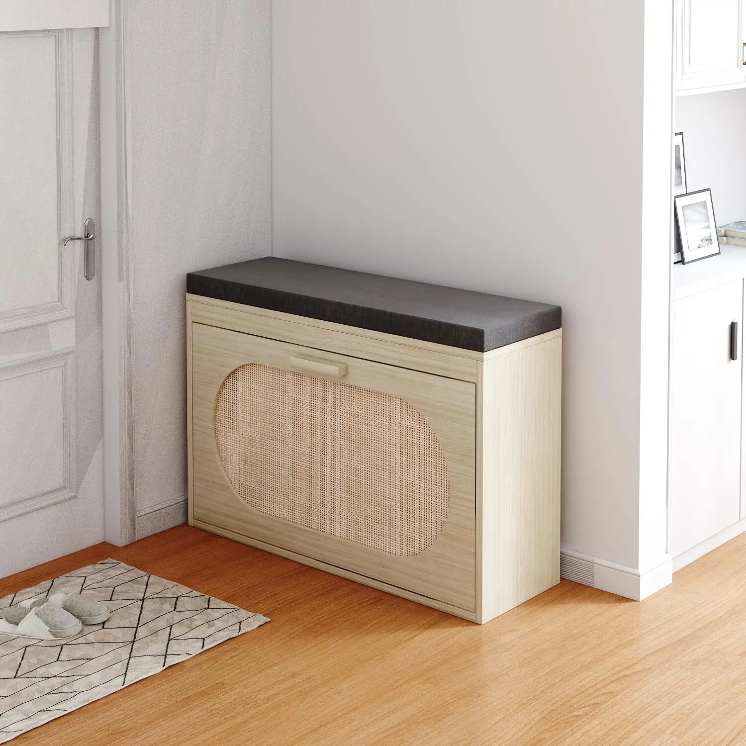 

Stylish Rattan Shoe Rack and Bench with Drawer, Cushioned Seat - Perfect Hallway Storage Solution