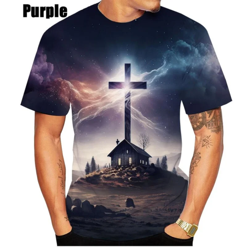 

New Fashion Jesus Cross T Shirt 3D Printing Short-sleeved Round Neck Men Tee