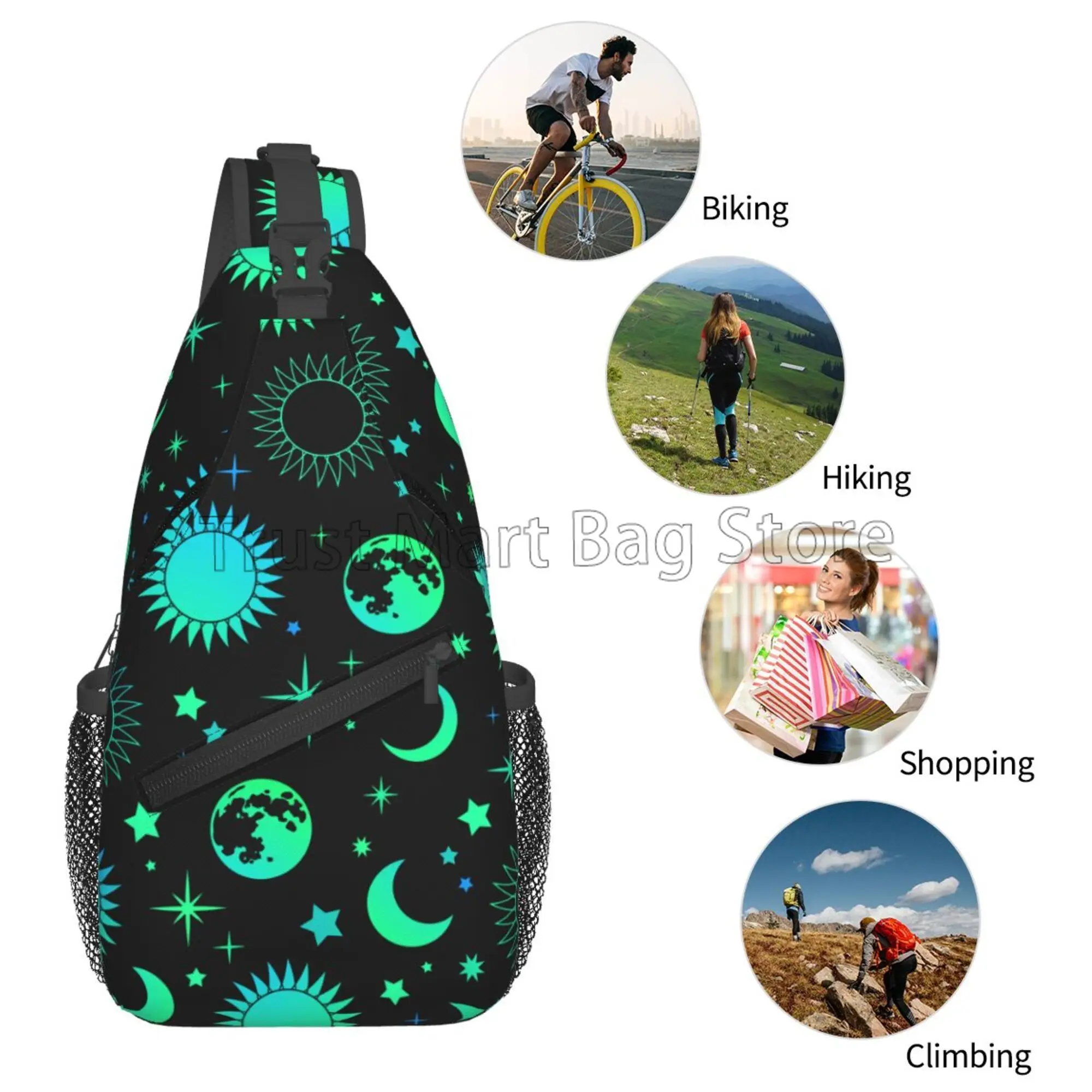 Vintage Neon Green Esoteric Sun Moon Print Sling Backpack Shoulder Chest Bag Crossbody Daypack for Men Women Hiking Travel