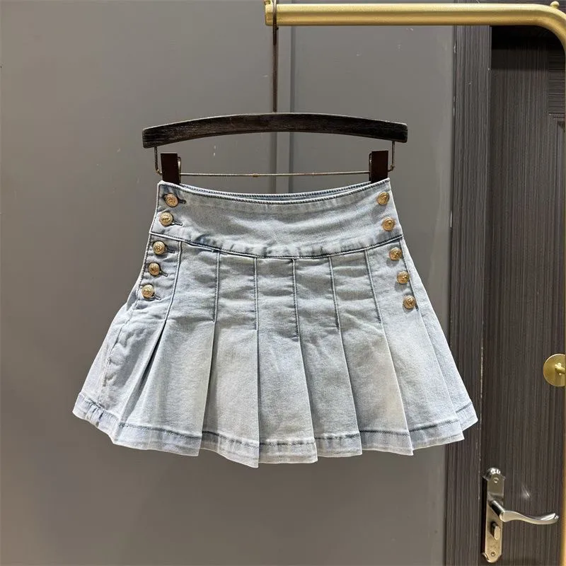 Girls' denim pleated short skirt Spring and Autumn new Korean version high waisted A-line skirt