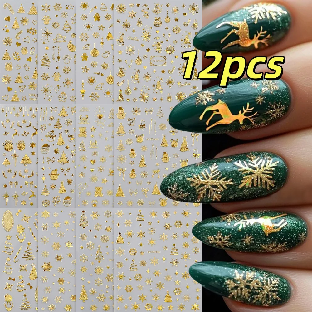 12 adesivi per unghie con fiocco di neve in oro laser con glitter champagne Babbo Natale/albero di Natale/alce decalcomanie per unghie accessorio a tema invernale