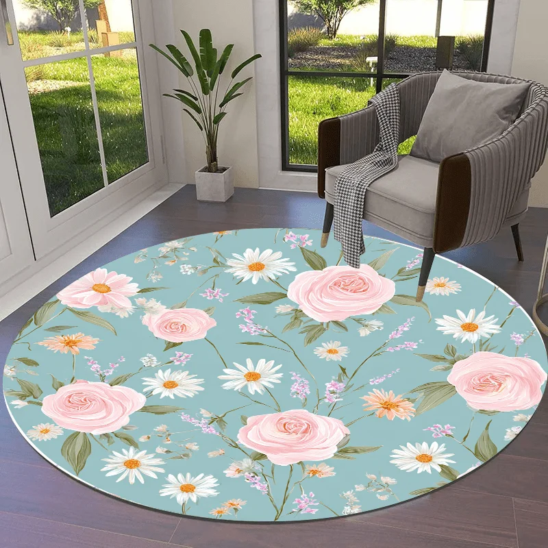 Festive Botanical Garden Motif Circular Rug Decorative Non Slip Door Mat Versatile Accent For Gym Dance Studio Room