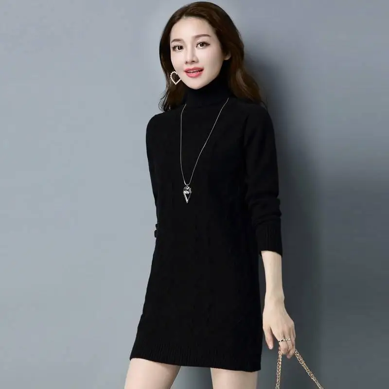 Women 2024 New Autumn winter knitted Sweater  with Velvet Padded Turtleneck Loose Long Bottoming Shirt All-match