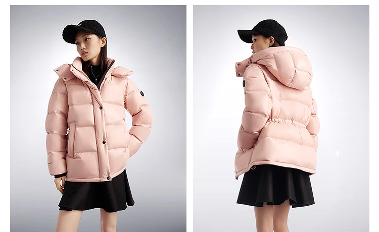 BOSIDENG Women Hooded Short Goose Down Coat 90% Goose Down 700+ Loft Shiny Fabric Adjustable Waist Puff Winter Outerwear