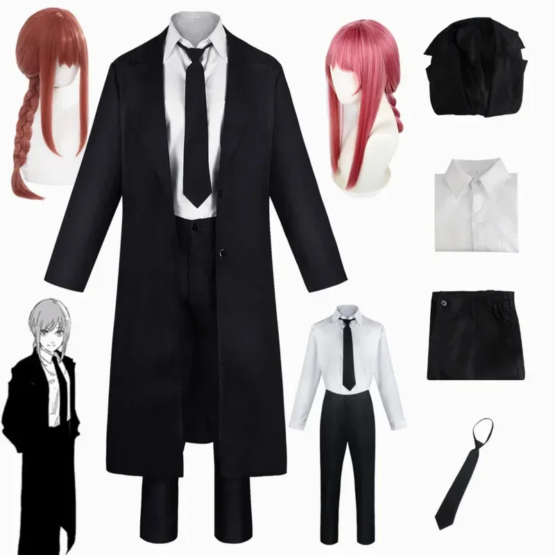 Anime Kettensäge Mann Makila Cosplay Kostüm schwarz Trench Shirt Krawatte Hosen Makila Perücke lange hellrote Geflecht Männer Frauen Anzug Uniformen