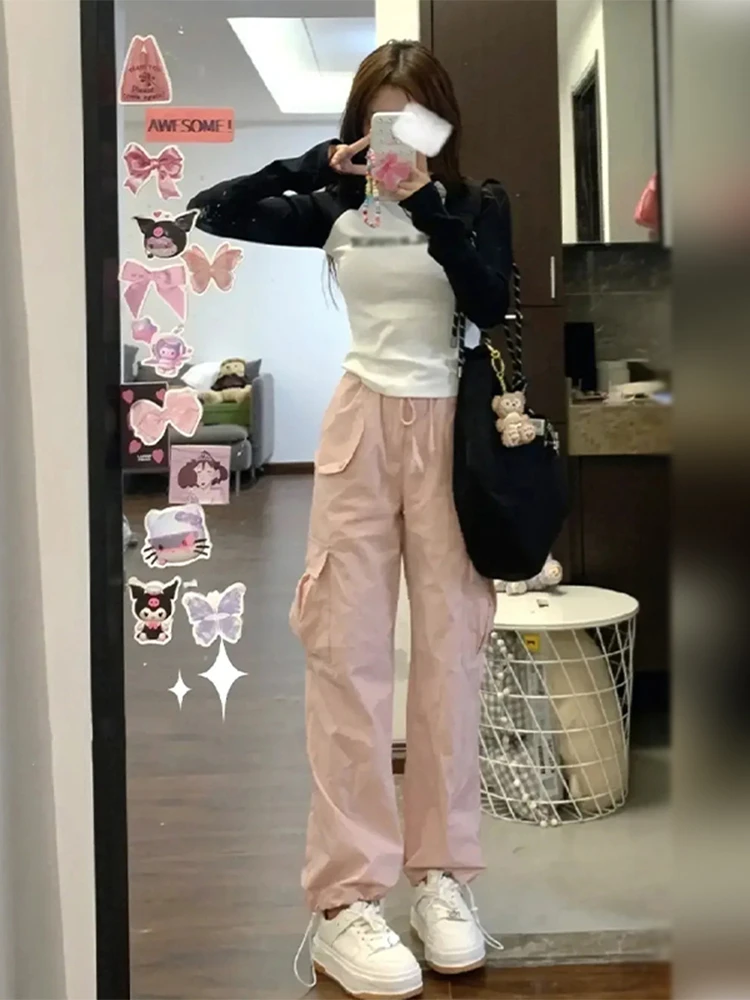 

Розовые американские рабочие брюки для женщин, летние, тонкие, длинные, широкие, спортивные, повседневные, прямые, с высокой талией, хлопковые, широкие брюки-палаццо