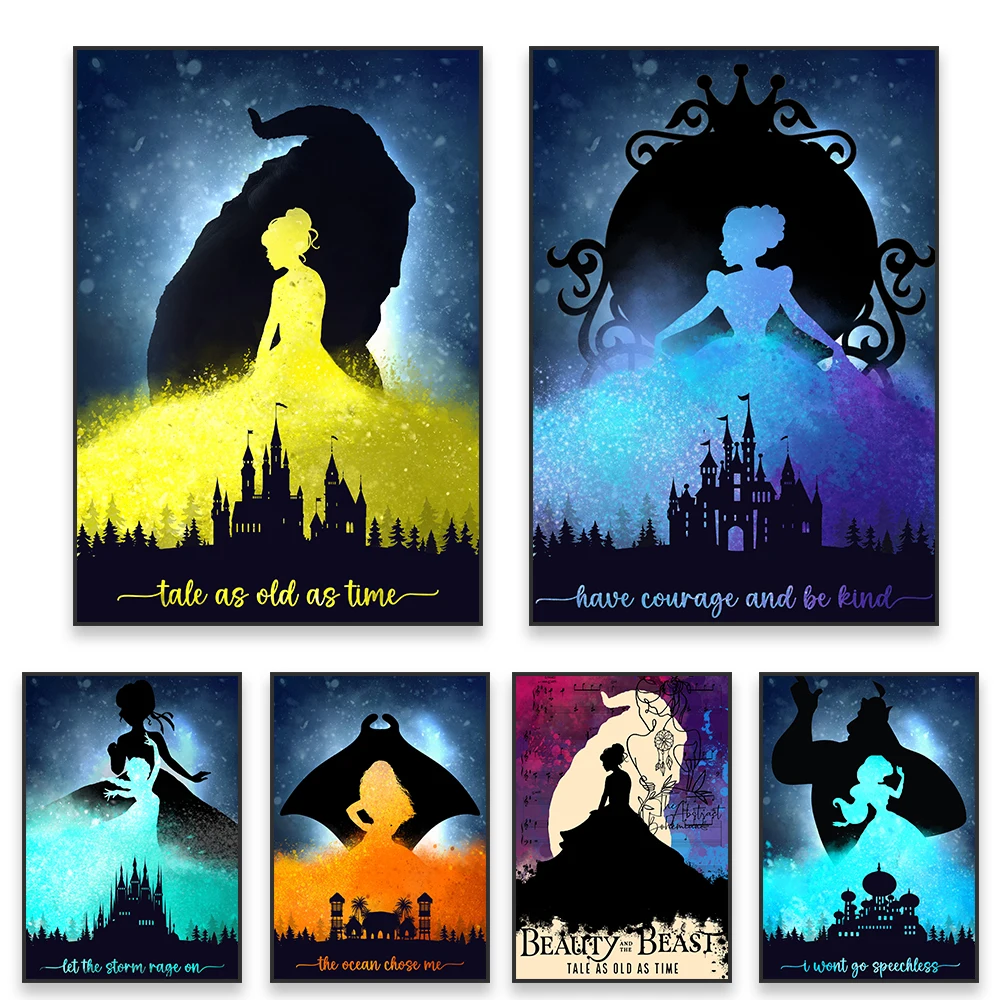 Minilist Abstract Disney Princess Poster Retro Portrait Beauty and the Beast Print Cinderella Frozen  Art Canvas Painting Decor