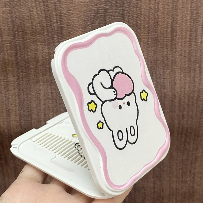 Cartoon Cute Rabbit Folding Clamshell Mirror Makeup Mirror With Comb Portable Creative For Women Girls Handheld Mirror