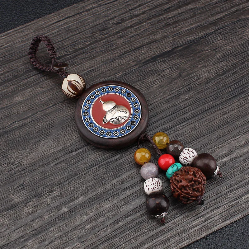 DIY accessories Ebony handmade painting Thangka car keychain cloisonne pendant key ring pendant creative gift retro decoration