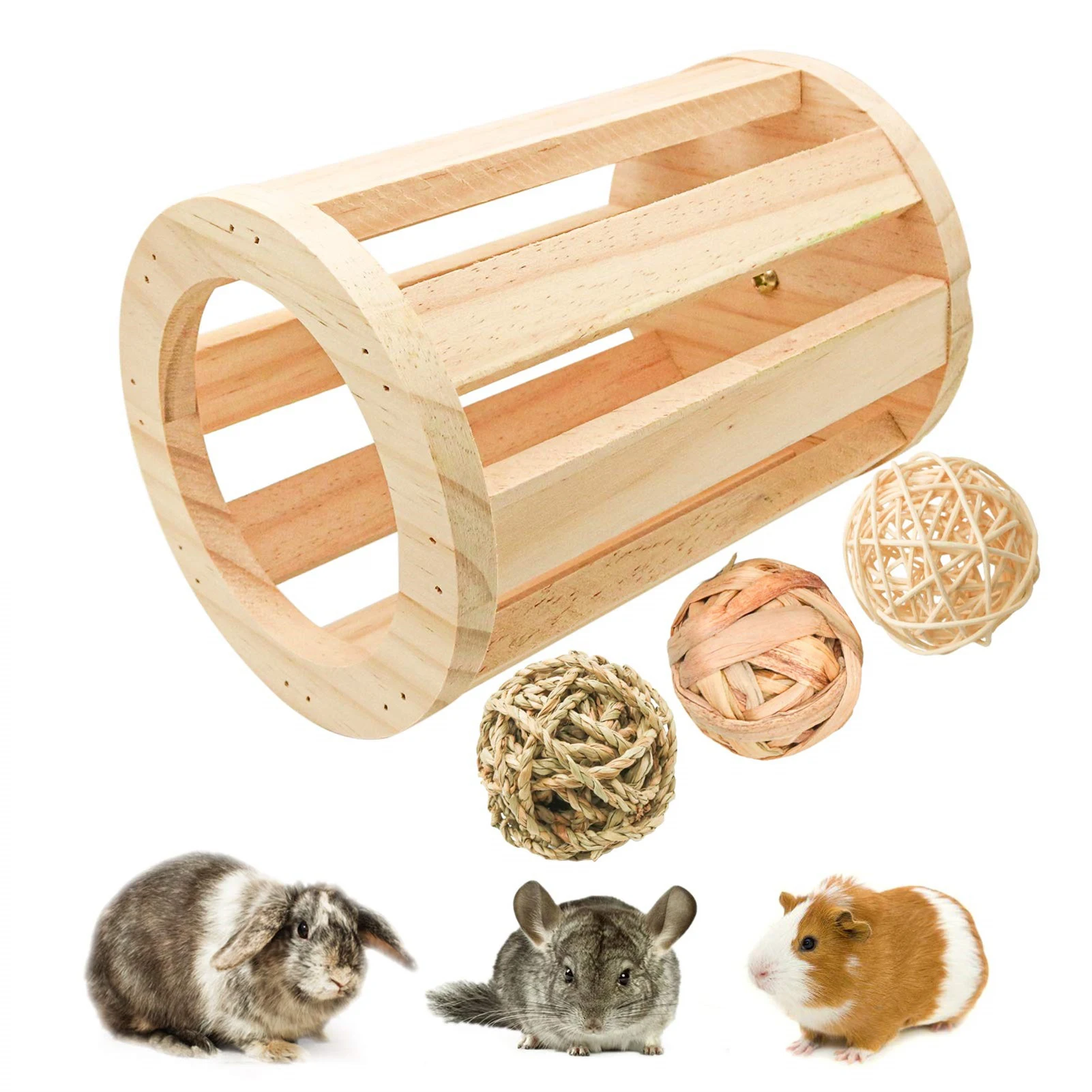 Rabbit Guinea Pigs Pet Animal Feeder Assessories Chinchilla Food Hay Bin Dispenser Hay Rack Food Bowl Cylindrical Wood Mountable