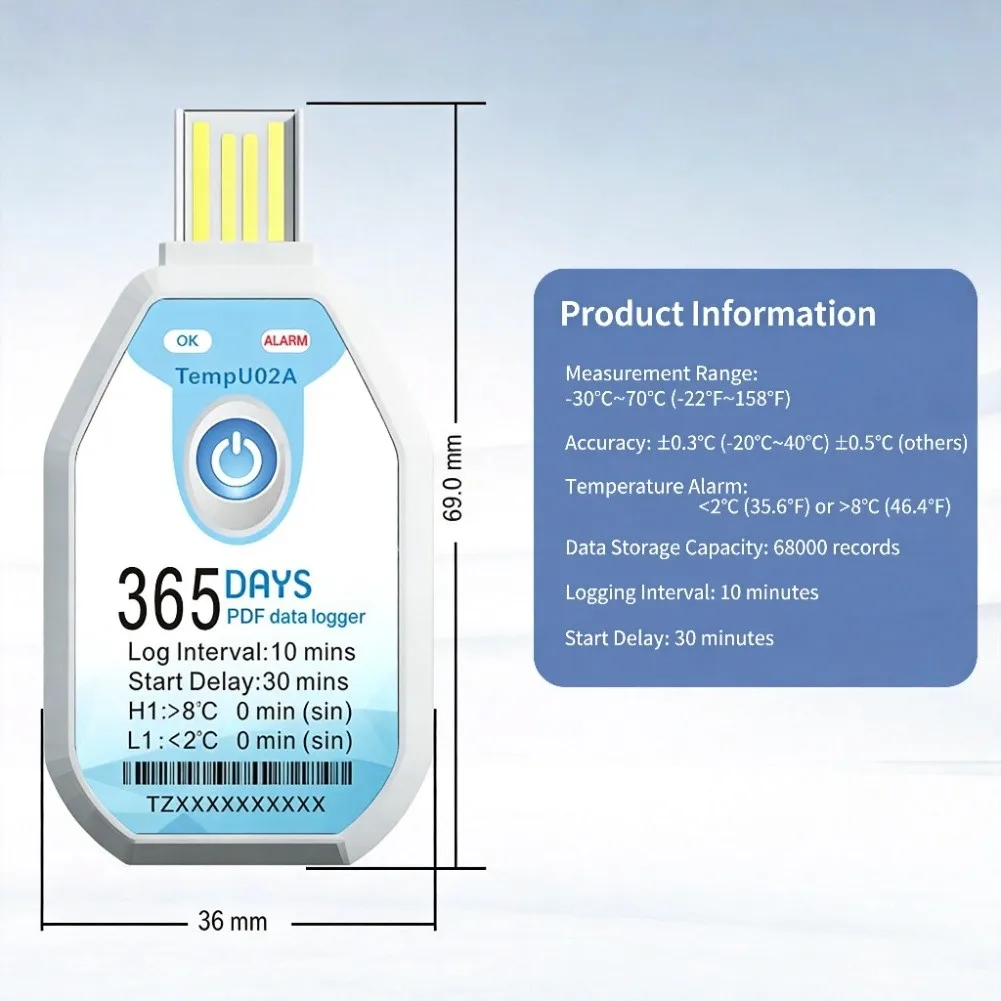 Disposable Temperature Data Logger 365 Days -30C To 70C IP67 Waterproof USB PDF Report For Cold Chain Storage Transport Monitor